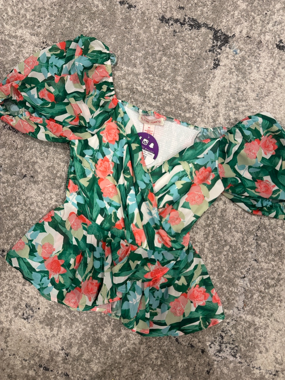 Tommy Hilfiger Floral Puff-Sleeve Blouse - Green with Coral